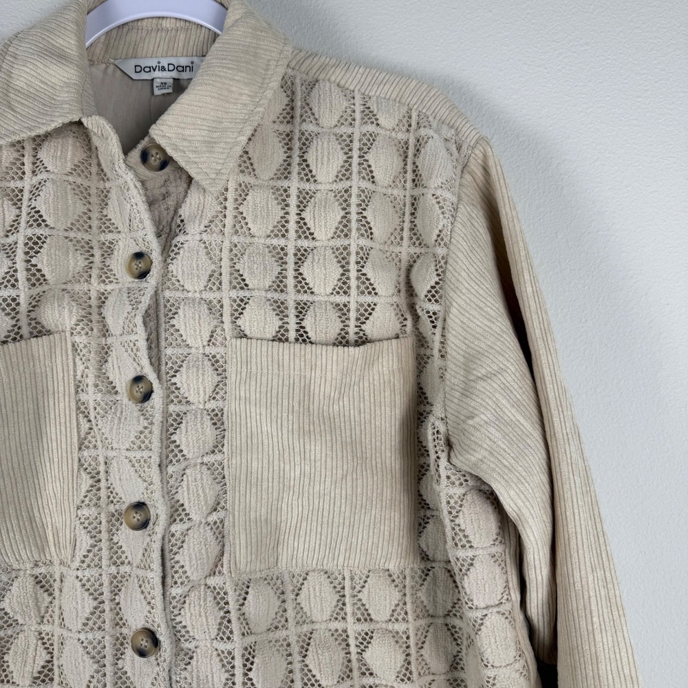 Davi & Dani Beige Corduroy Lace Trim Button Front Shirt Jacket Womens XS NEW - Picture 9 of 9